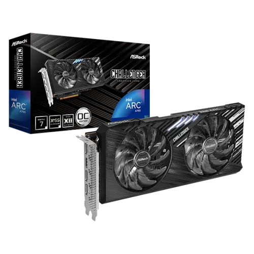 this is a image of ASRock Intel Arc A750 Challenger SE 8GB 650W OC Graphics Card